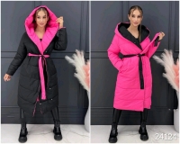 Двухстороннее пальто с поясом Черно-розовое T124