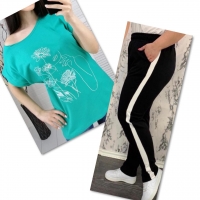 Костюм бирюза футболка SIZE Plus женский образ и цветы с брюками черными IN