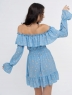 Платье декольте волан резинки на рукавах и талии цветочный принт голубое M29 03.24