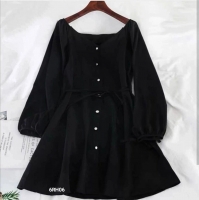 Платье на пуговках с поясом Черное RH06 