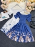 Платье лайт верх декольте низ цветы синее A258