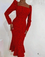 Платье миди софт в горошек красное A116