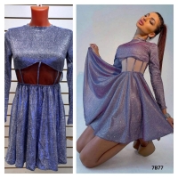 Платье люрекс вставка сетка на талии фиолетово-синее B77