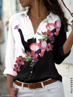 Рубашка Size Plus черно-белая цветочки котик K36 K53