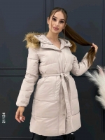 Болоневое пальто с натуральным мехом и поясом 9867 Кремовое