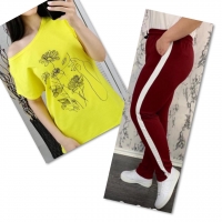Костюм желтая футболка SIZE Plus женский образ и цветы с брюками бордо 01IN