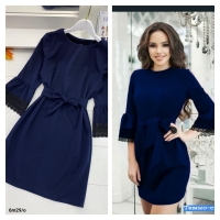 Платье Size Plus с пояском и гипюром на рукавах темно синее M29