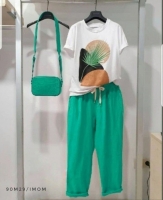 Костюм Size Plus веточка пальмы зеленые брюки M29