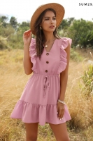 Платье крылышки поясок волан розовое Um29