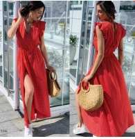 Платье макси софт в горошек красное A116