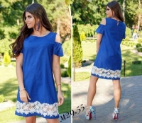 Платье Size Plus с открытыми плечами цветы синее M29