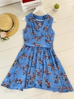 Платье без рукав в цветы Голубое A116