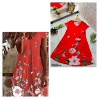 Платье Size Plus треугольный вырез цветочки красное K53