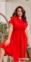 Платье Size Plus на пуговках стойка ворот с пояском красное M29 K36_Новая цена