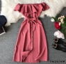 Платье Size Plus волан декольте на пуговках вишневое M29