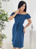 Платье Size Plus волан декольте на пуговках синее M29