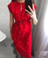 Платье софт в горошек с поясом красное MG250