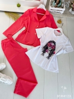 Костюм тройка Size Plus коралл пиджак брюки и футболка девушка цветыR4-123