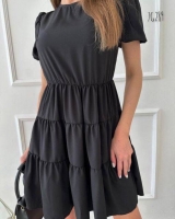 Платье ярусное с коротким рукавом черное G289