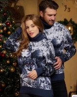 Вязаный зимний свитер волки ТЕМ-синий V107 10.23