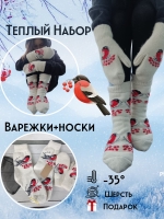 Комплект варежки и носки овечья шерсть снегири