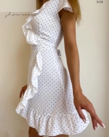 Платье на запах с воланом в горошек белое A133