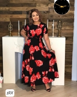 Платье Size plus длинное итальянка с поясом черно-красное е в цветы RX
